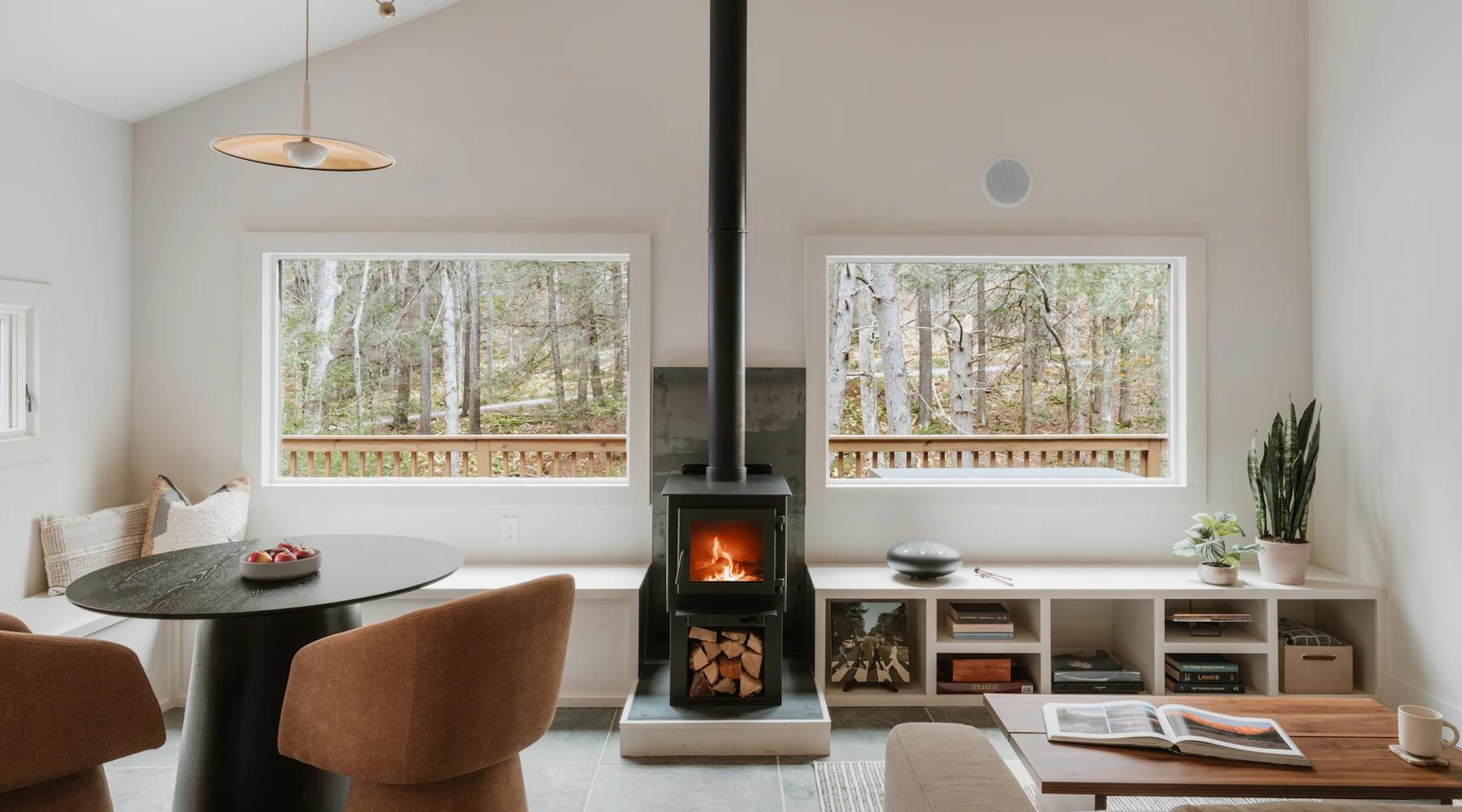 Living room with a wood-burning fireplace