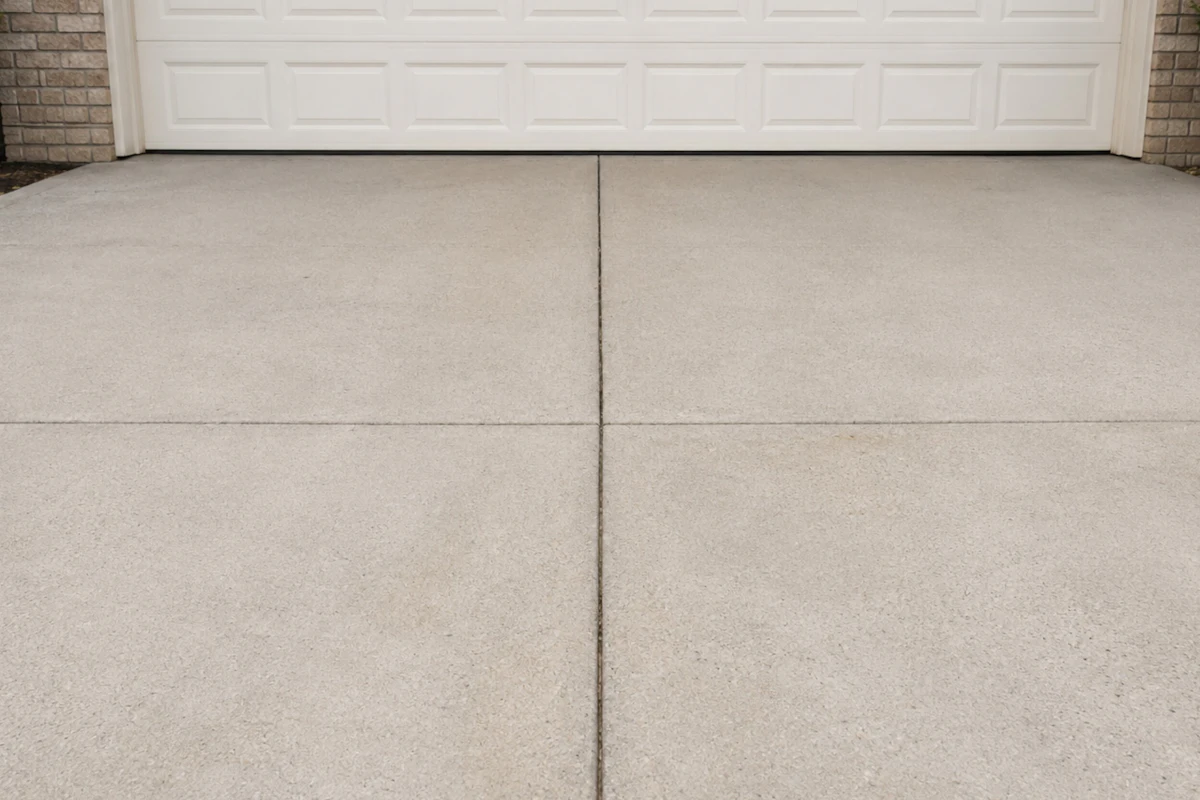 Concrete driveway in front of a white garage door