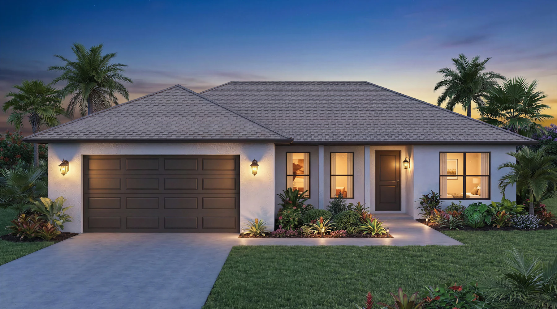 Single-story home with a new garage door and palm trees at dusk